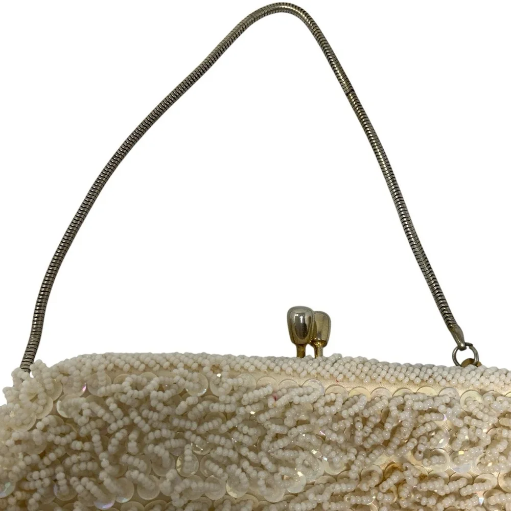 Vintage Beaded Evening Bag Ivory Sequin Gold Satin Interior Wedding Formal 1960s